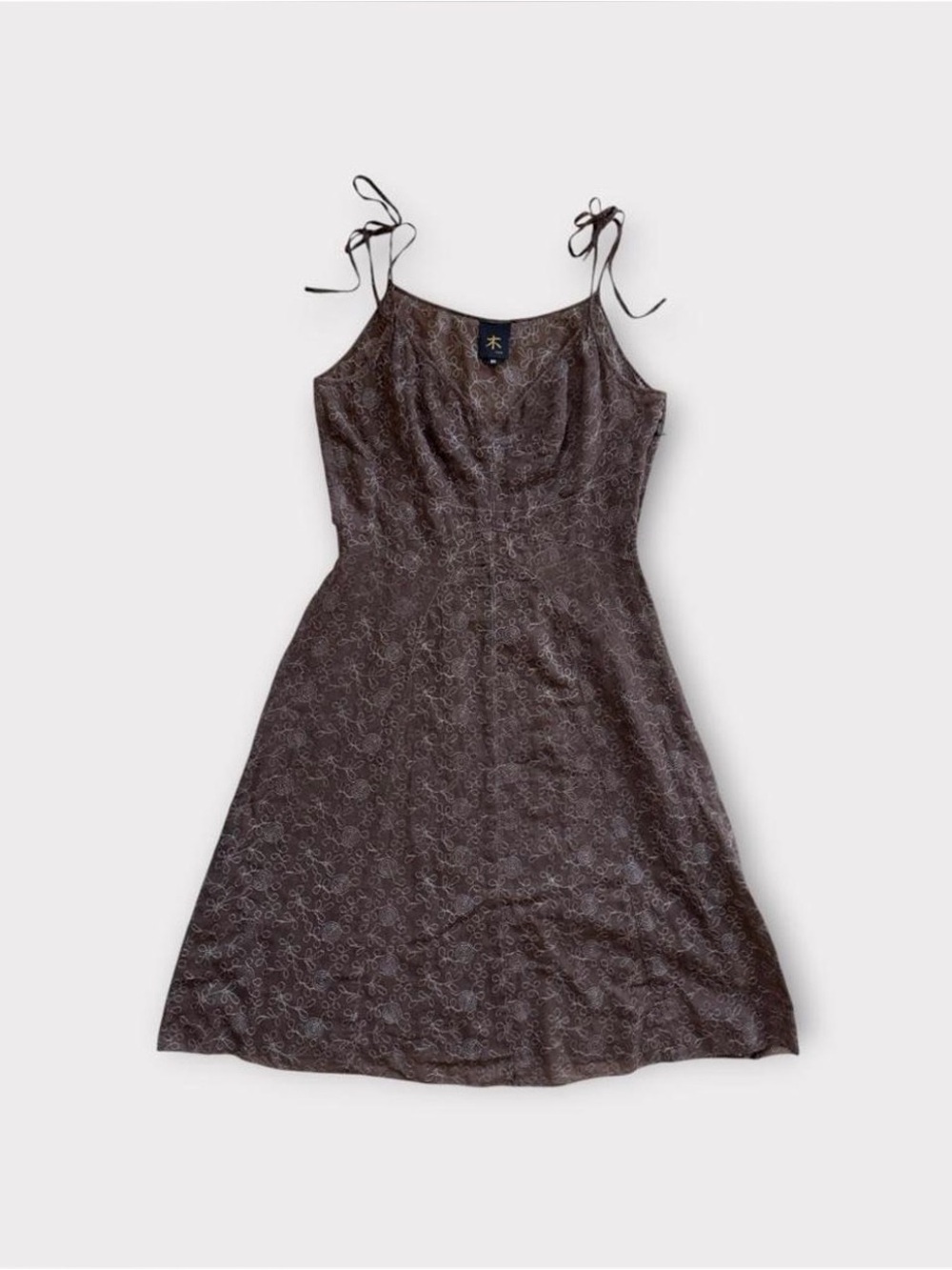 Tree brown hand washed cotton embroidered strappy dress SZ XS